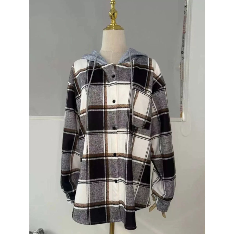 Button Down Printed Contrast Hooded Shacket Jacket Apparel and Accessories