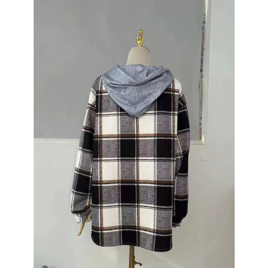 Button Down Printed Contrast Hooded Shacket Jacket Apparel and Accessories