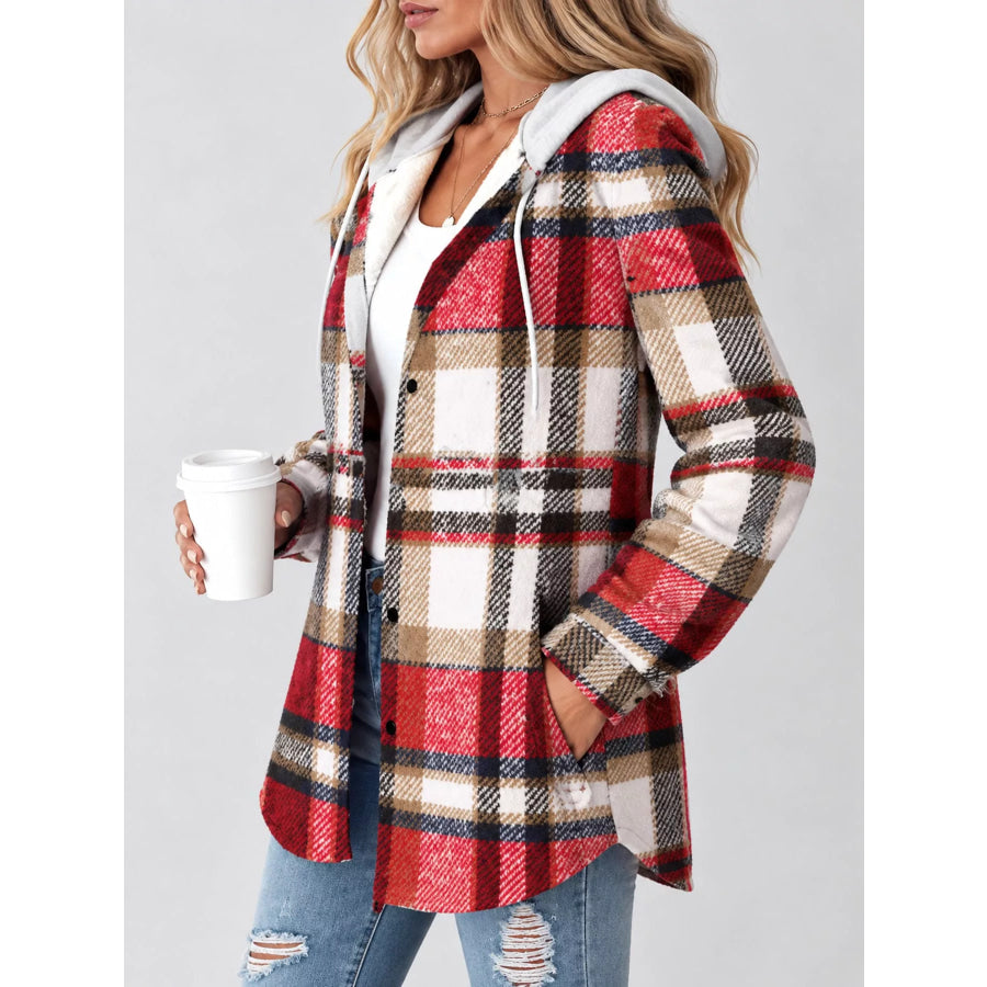 Button Down Printed Contrast Hooded Shacket Jacket Apparel and Accessories