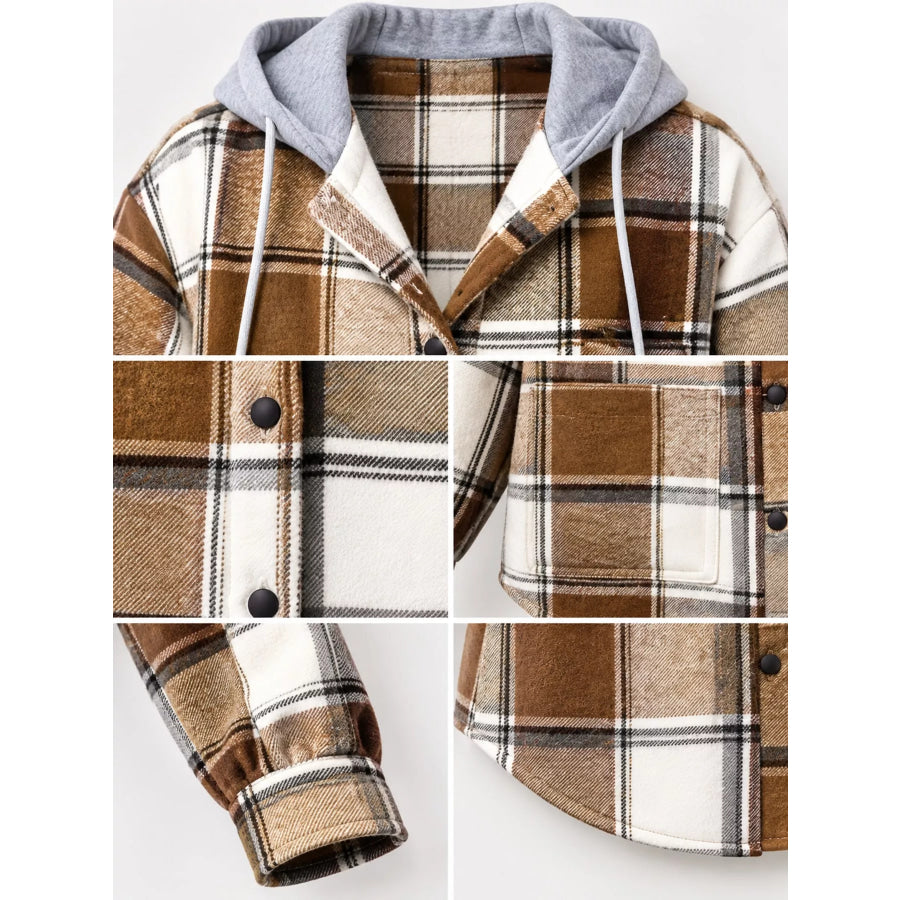 Button Down Printed Contrast Hooded Shacket Jacket Apparel and Accessories