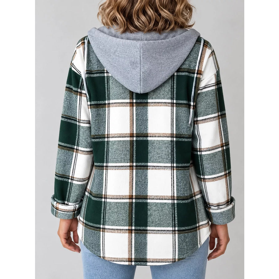 Button Down Printed Contrast Hooded Shacket Jacket Apparel and Accessories
