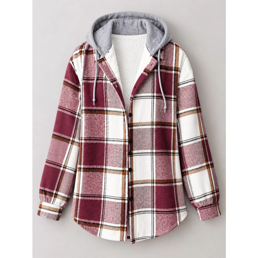 Button Down Printed Contrast Hooded Shacket Jacket Apparel and Accessories