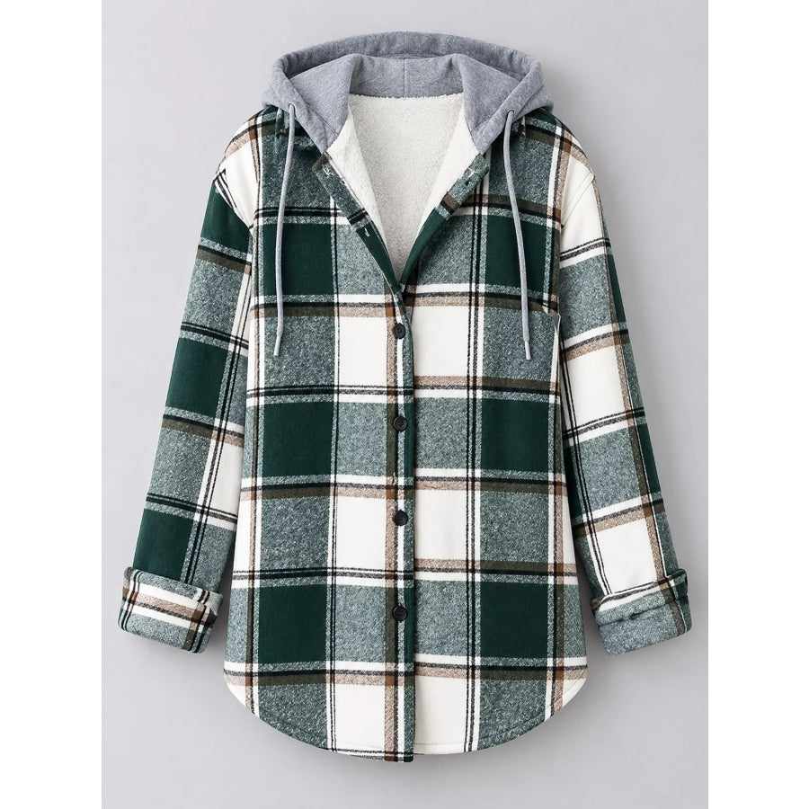 Button Down Printed Contrast Hooded Shacket Jacket Apparel and Accessories