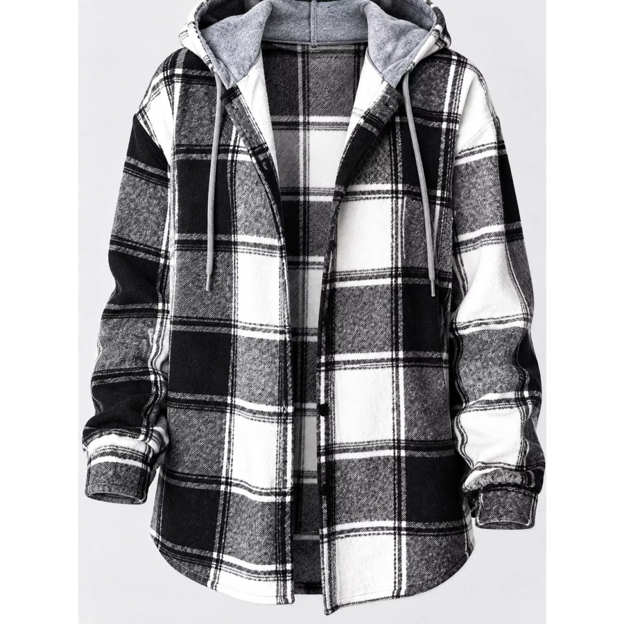 Button Down Printed Contrast Hooded Shacket Jacket Apparel and Accessories