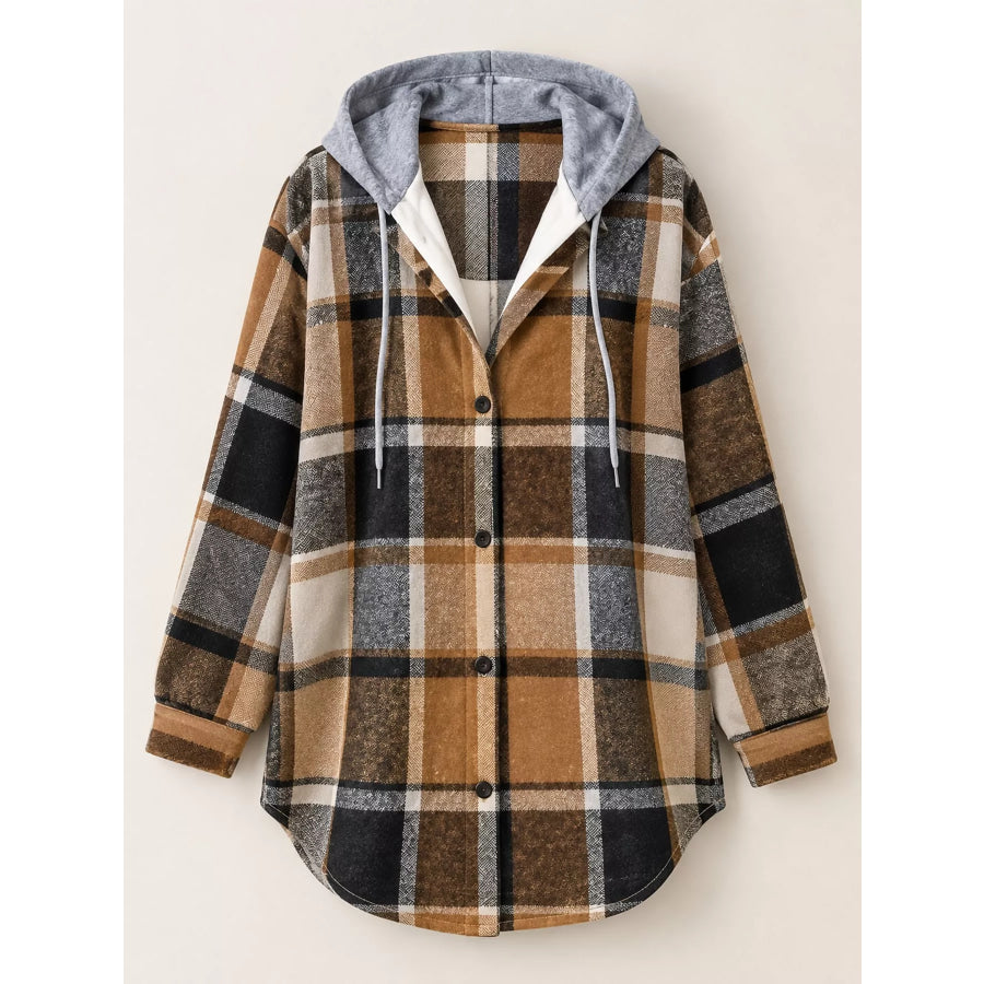 Button Down Printed Contrast Hooded Shacket Jacket Apparel and Accessories