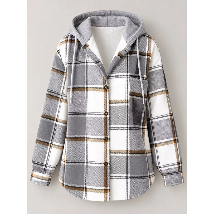 Button Down Printed Contrast Hooded Shacket Jacket Apparel and Accessories