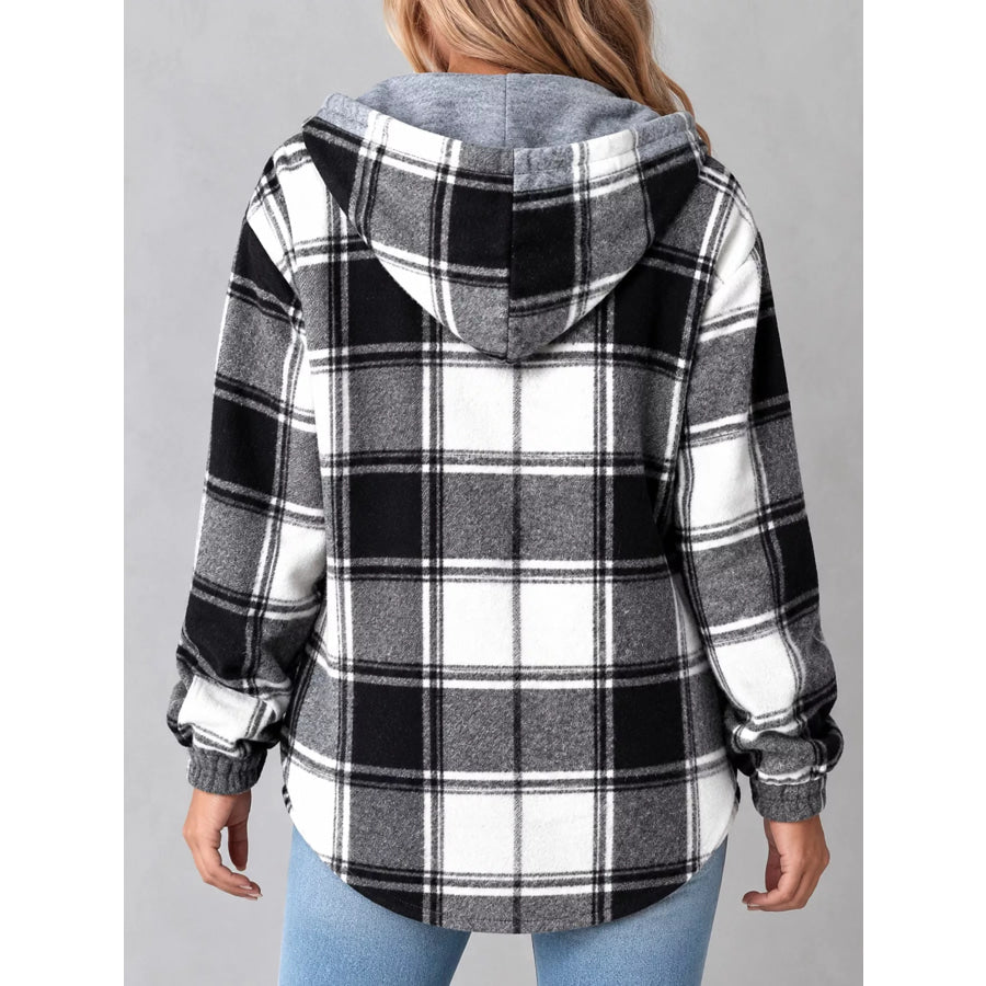 Button Down Printed Contrast Hooded Shacket Jacket Apparel and Accessories