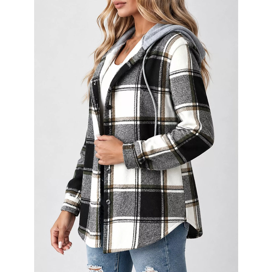 Button Down Printed Contrast Hooded Shacket Jacket Apparel and Accessories
