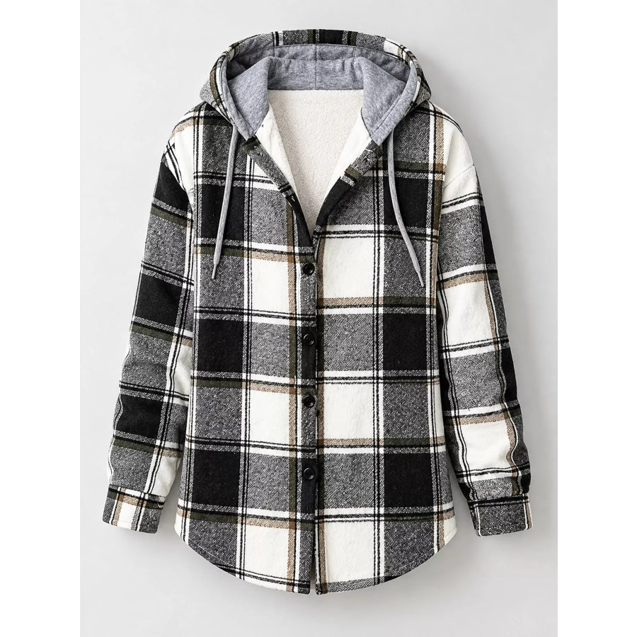 Button Down Printed Contrast Hooded Shacket Jacket Apparel and Accessories