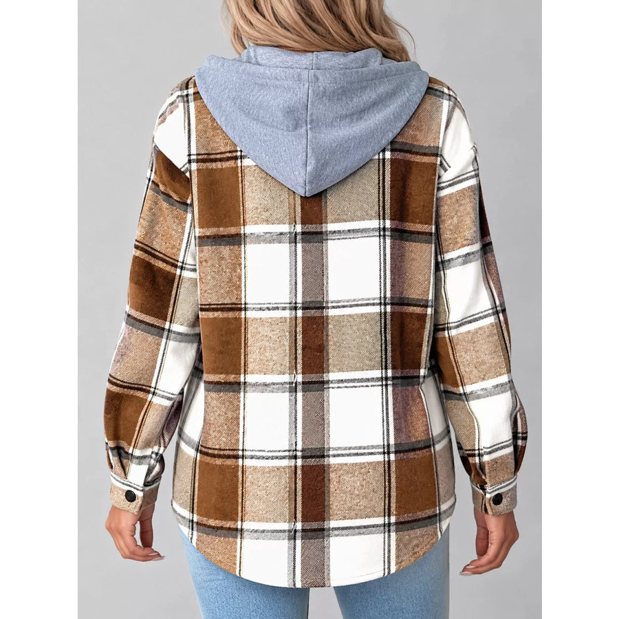 Button Down Printed Contrast Hooded Shacket Jacket Apparel and Accessories