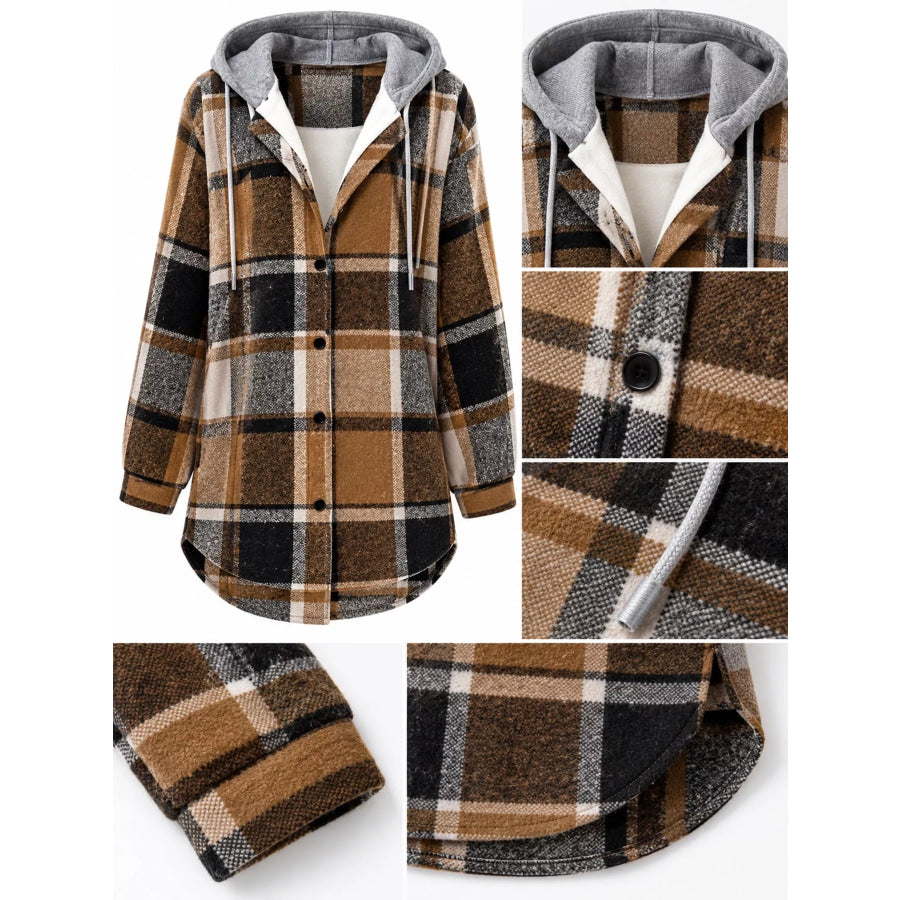 Button Down Printed Contrast Hooded Shacket Jacket Apparel and Accessories