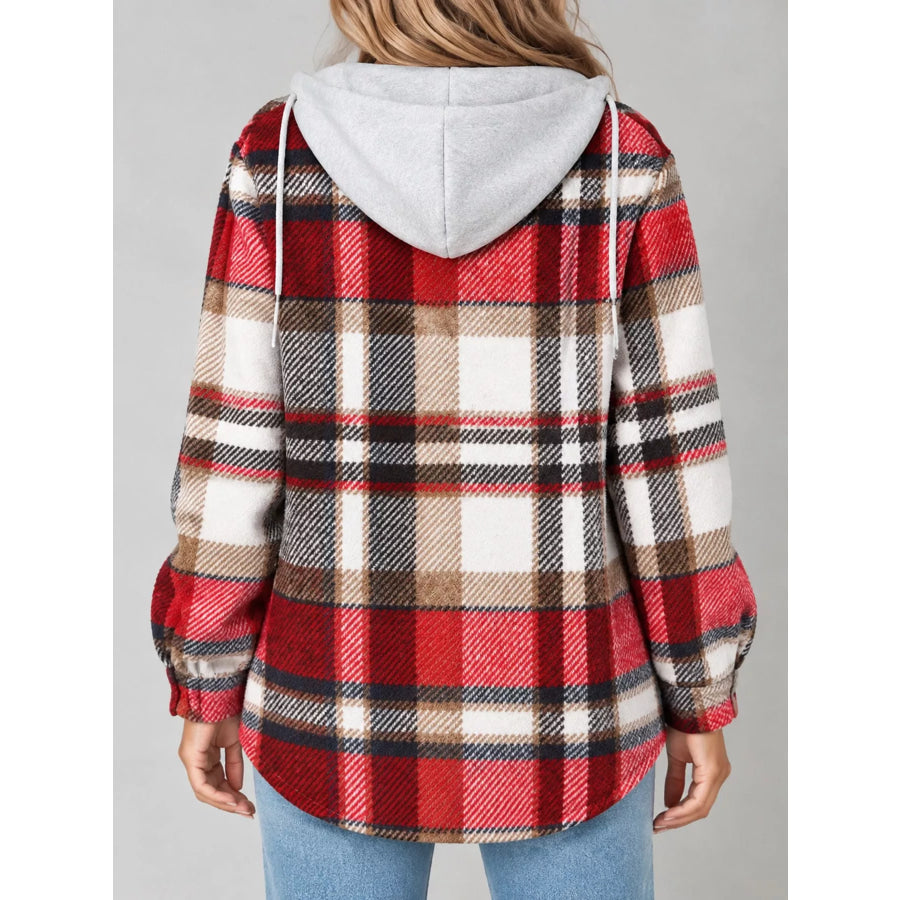 Button Down Printed Contrast Hooded Shacket Jacket Apparel and Accessories