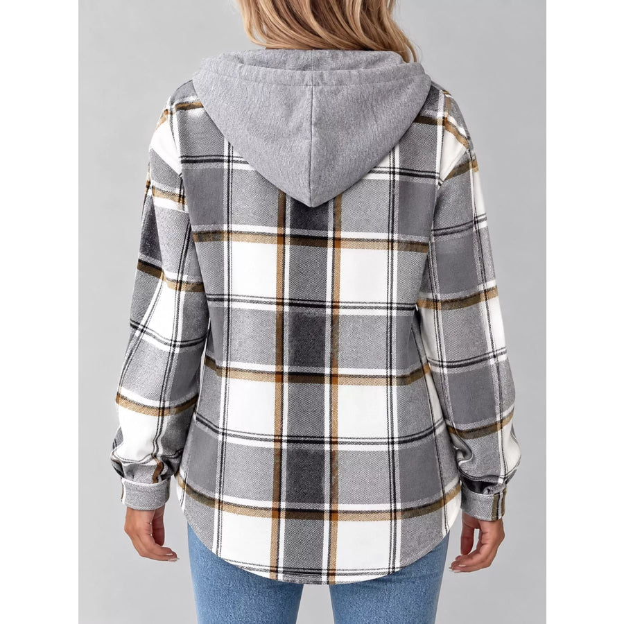 Button Down Printed Contrast Hooded Shacket Jacket Apparel and Accessories