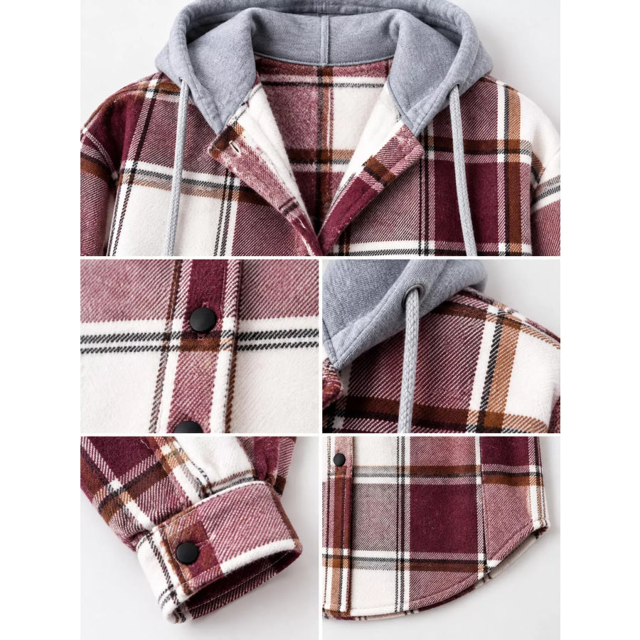 Button Down Printed Contrast Hooded Shacket Jacket Apparel and Accessories