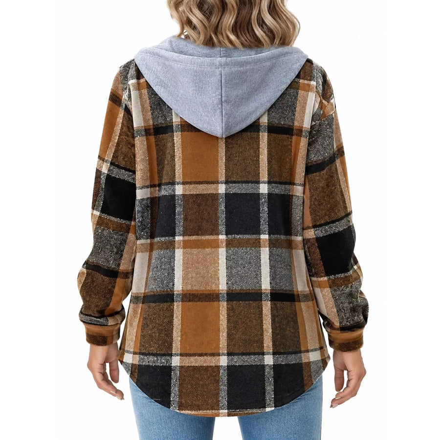 Button Down Printed Contrast Hooded Shacket Jacket Apparel and Accessories