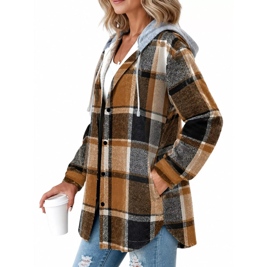 Button Down Printed Contrast Hooded Shacket Jacket Apparel and Accessories