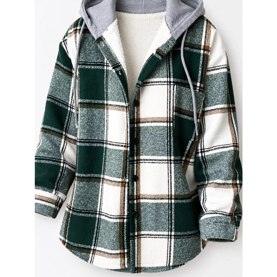 Button Down Printed Contrast Hooded Shacket Jacket Apparel and Accessories