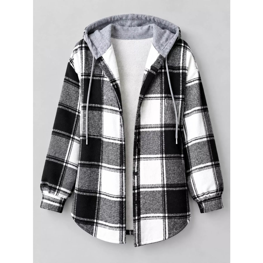 Button Down Printed Contrast Hooded Shacket Jacket Apparel and Accessories