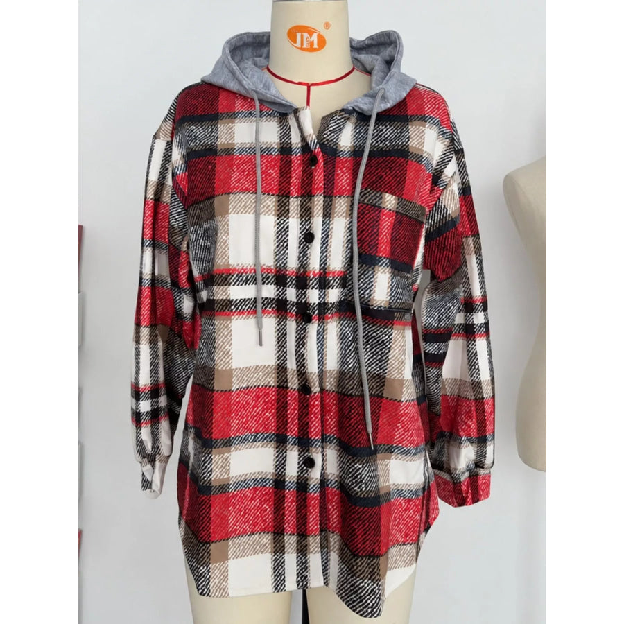 Button Down Printed Contrast Hooded Shacket Jacket Apparel and Accessories