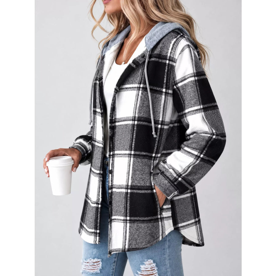 Button Down Printed Contrast Hooded Shacket Jacket Apparel and Accessories
