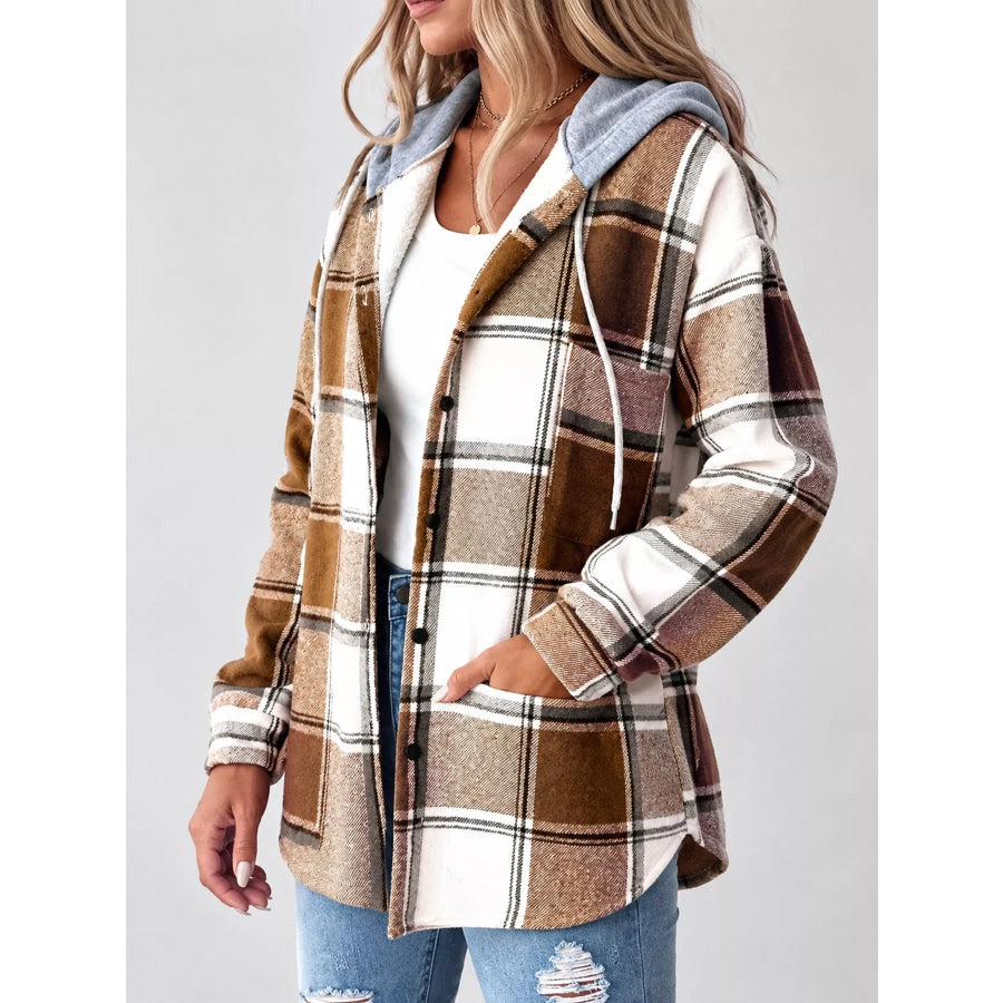 Button Down Printed Contrast Hooded Shacket Jacket Apparel and Accessories