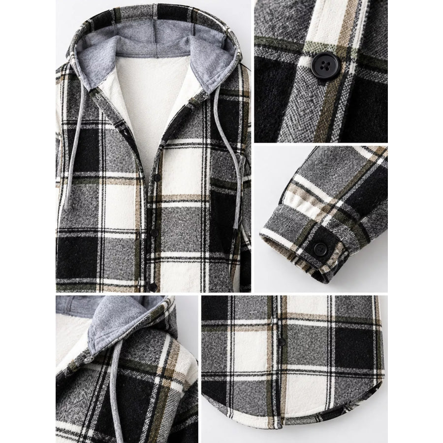 Button Down Printed Contrast Hooded Shacket Jacket Apparel and Accessories