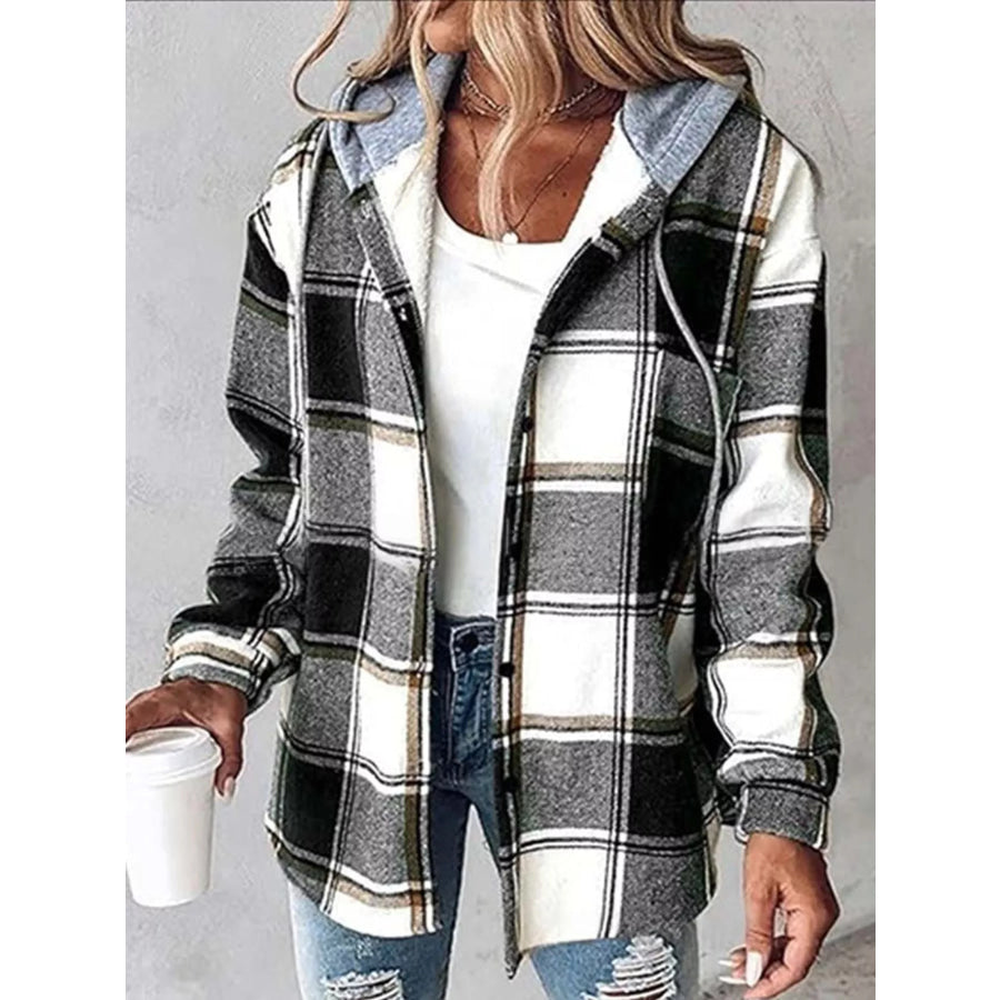 Button Down Printed Contrast Hooded Shacket Jacket Black And Khaki-Plaid / S Apparel Accessories