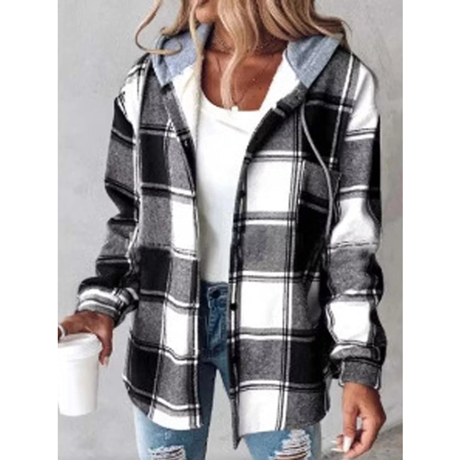 Button Down Printed Contrast Hooded Shacket Jacket Black-Plaid / S Apparel and Accessories