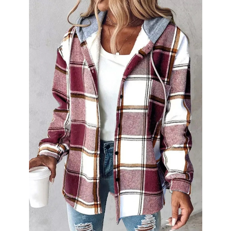 Button Down Printed Contrast Hooded Shacket Jacket Brick Red-Plaid / S Apparel and Accessories