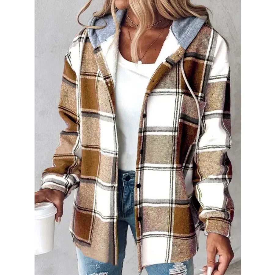 Button Down Printed Contrast Hooded Shacket Jacket Caramel-Plaid / S Apparel and Accessories