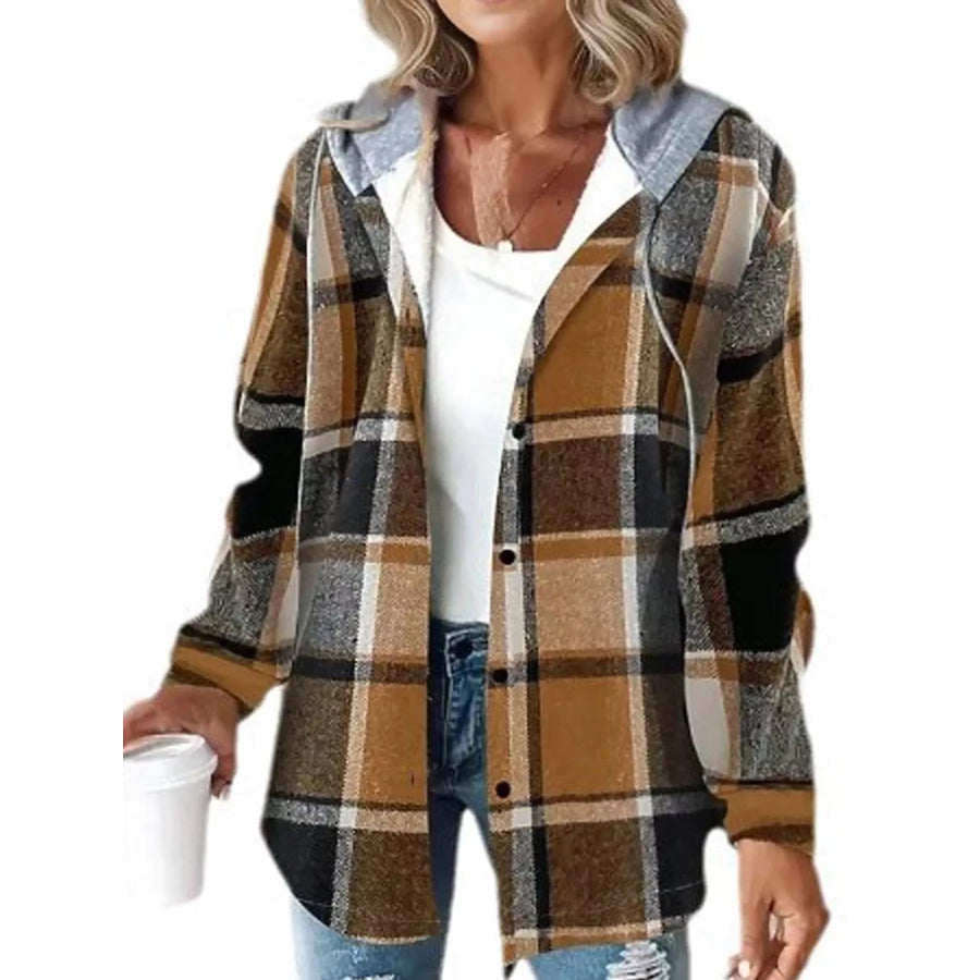 Button Down Printed Contrast Hooded Shacket Jacket Dark Coffee-Plaid / S Apparel and Accessories