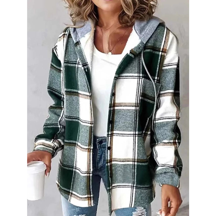Button Down Printed Contrast Hooded Shacket Jacket Green-Plaid / S Apparel and Accessories