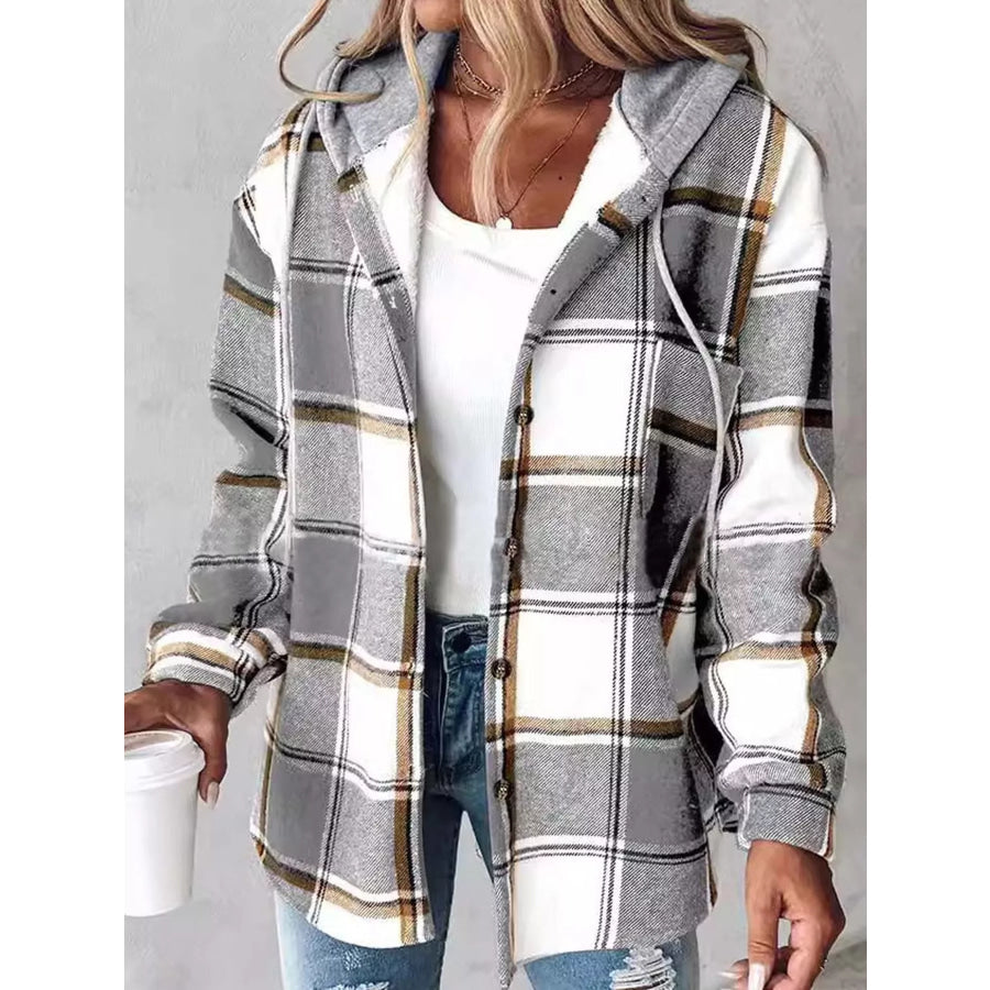 Button Down Printed Contrast Hooded Shacket Jacket Light Gray-Plaid / S Apparel and Accessories