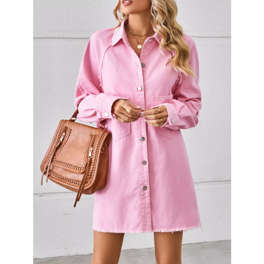 Button-Down Raw Hem Denim Dress Blush Pink / S Apparel and Accessories