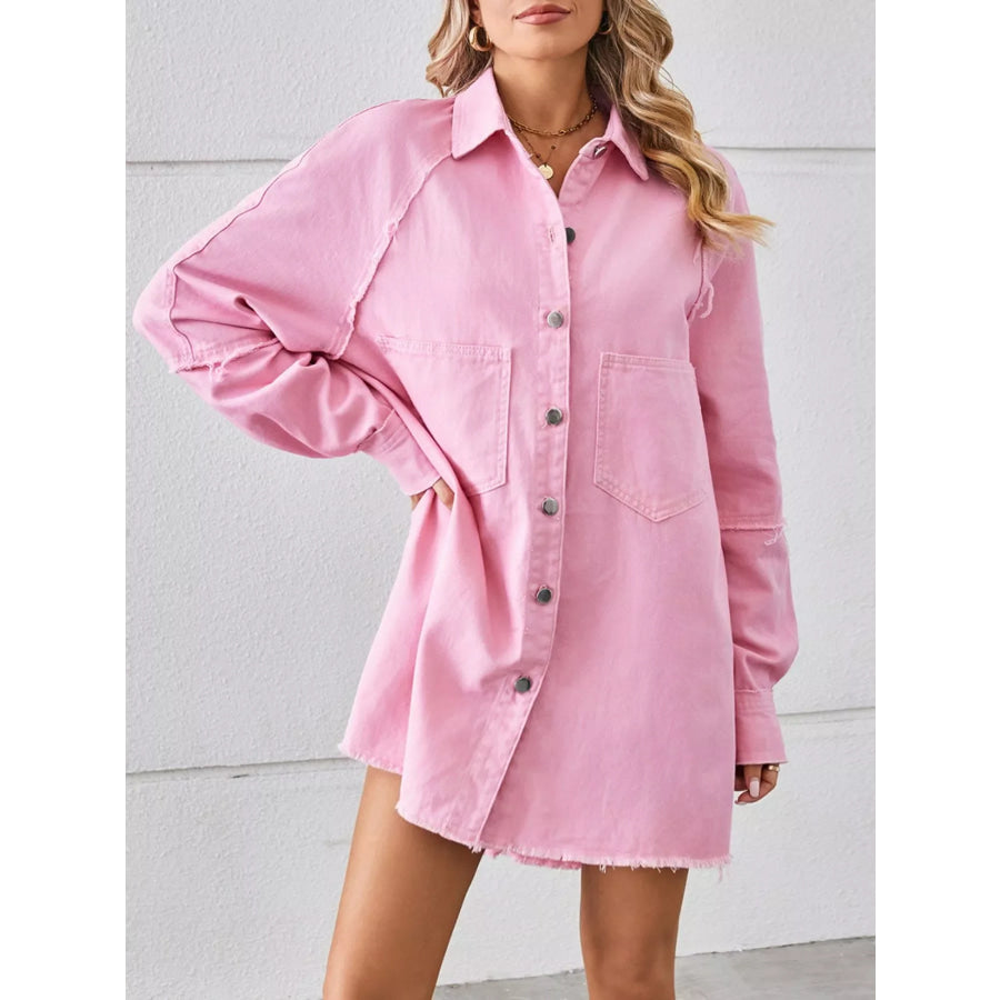 Button-Down Raw Hem Denim Dress Blush Pink / S Apparel and Accessories
