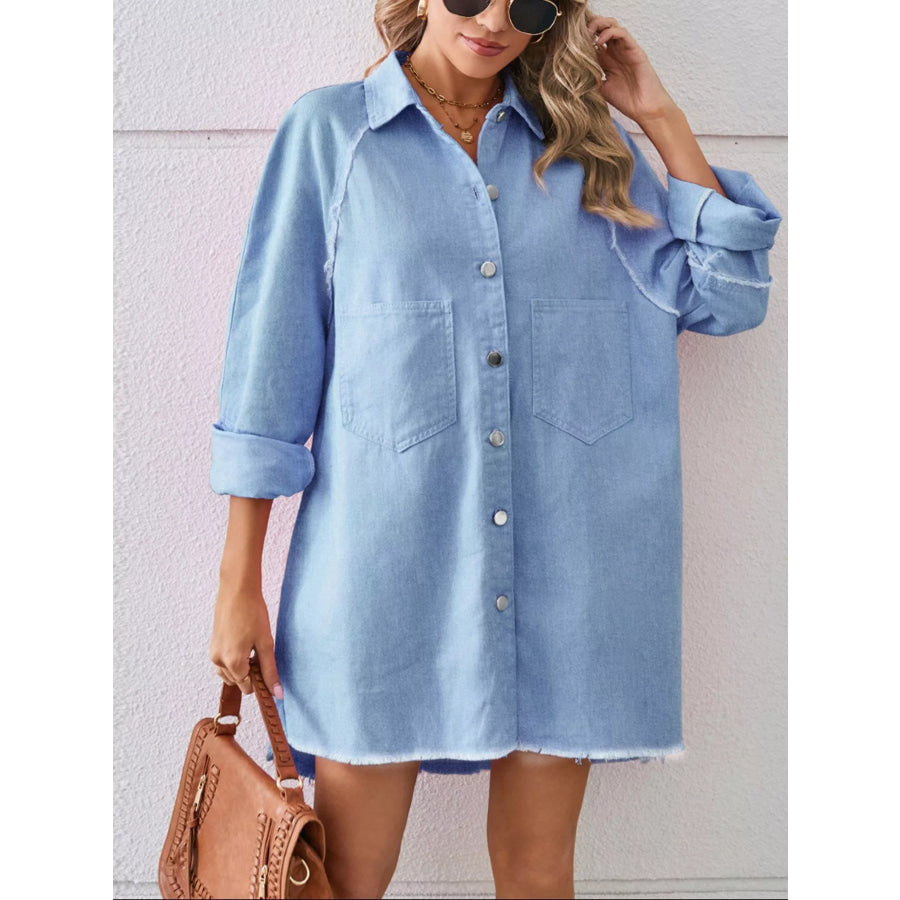 Button-Down Raw Hem Denim Dress Light Blue / S Apparel and Accessories