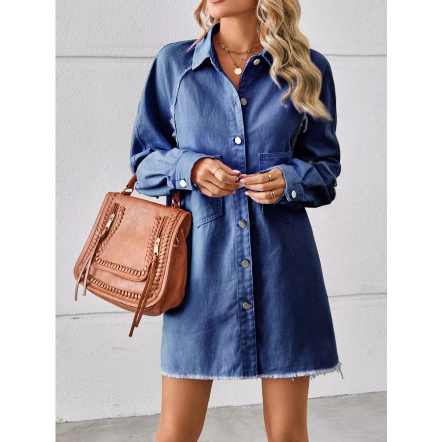 Button-Down Raw Hem Denim Dress Navy / S Apparel and Accessories