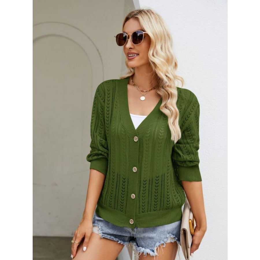 Button Down Ribbed Trim Cardigan Army Green / S
