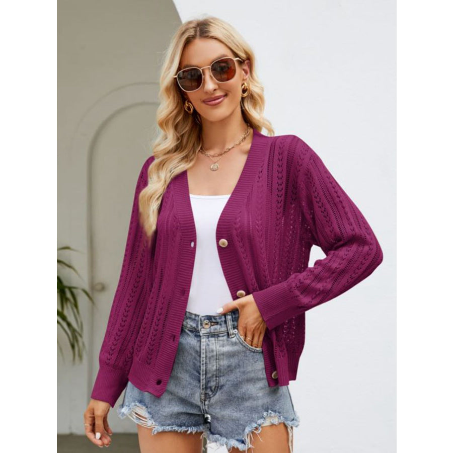 Button Down Ribbed Trim Cardigan Magenta / S