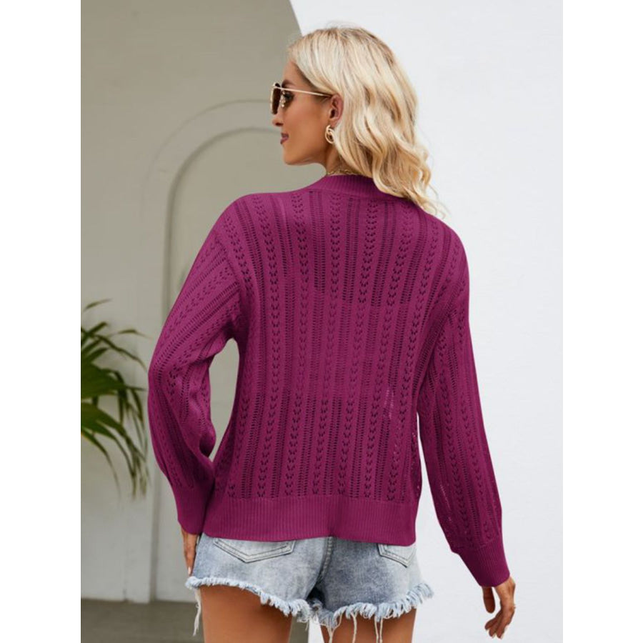 Button Down Ribbed Trim Cardigan Magenta / S