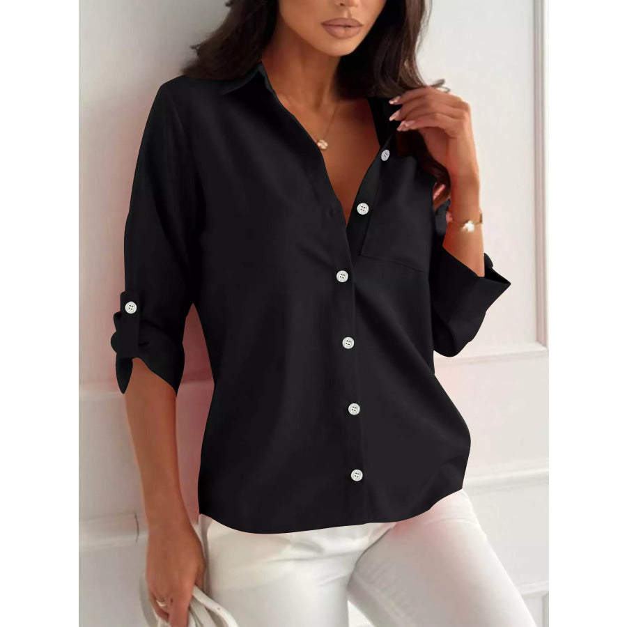 Button-Down Roll-Up Sleeve Shirt Black / S Apparel and Accessories