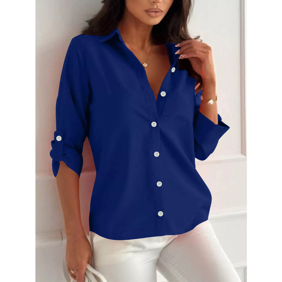 Button-Down Roll-Up Sleeve Shirt Blue / S Apparel and Accessories