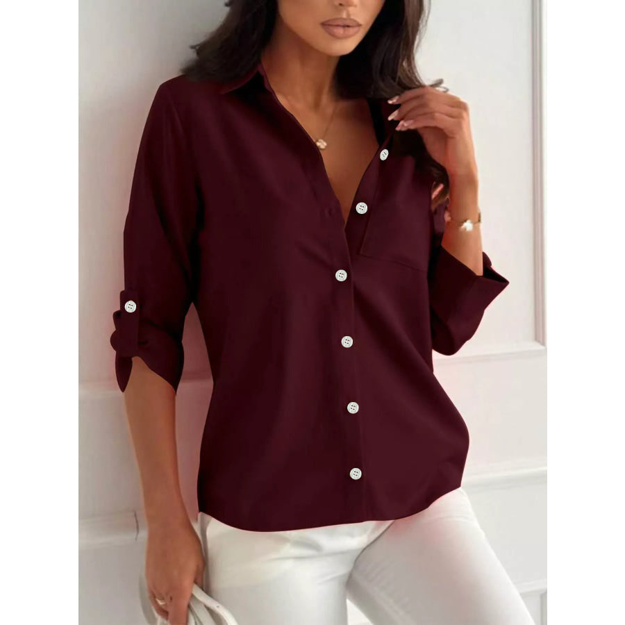 Button-Down Roll-Up Sleeve Shirt Burgundy / S Apparel and Accessories