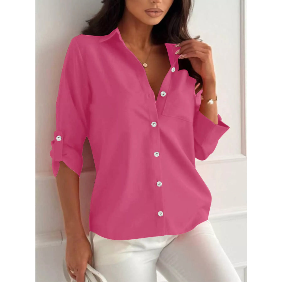 Button-Down Roll-Up Sleeve Shirt Fuchsia Pink / S Apparel and Accessories