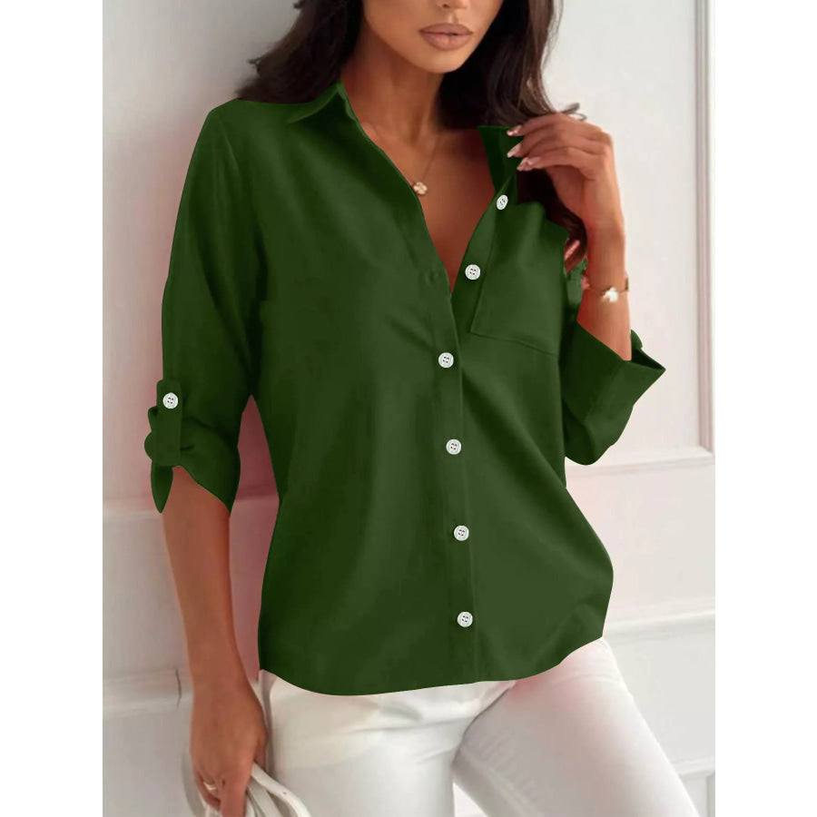 Button-Down Roll-Up Sleeve Shirt Green / S Apparel and Accessories