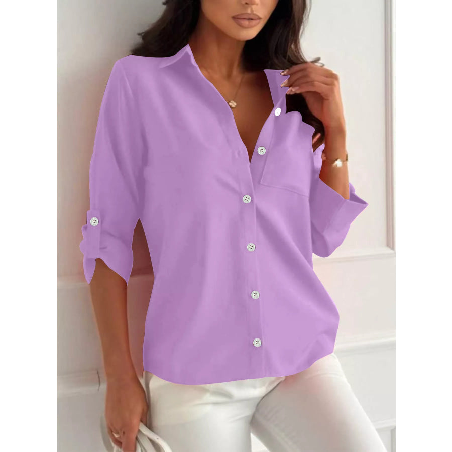Button-Down Roll-Up Sleeve Shirt Purple / S Apparel and Accessories
