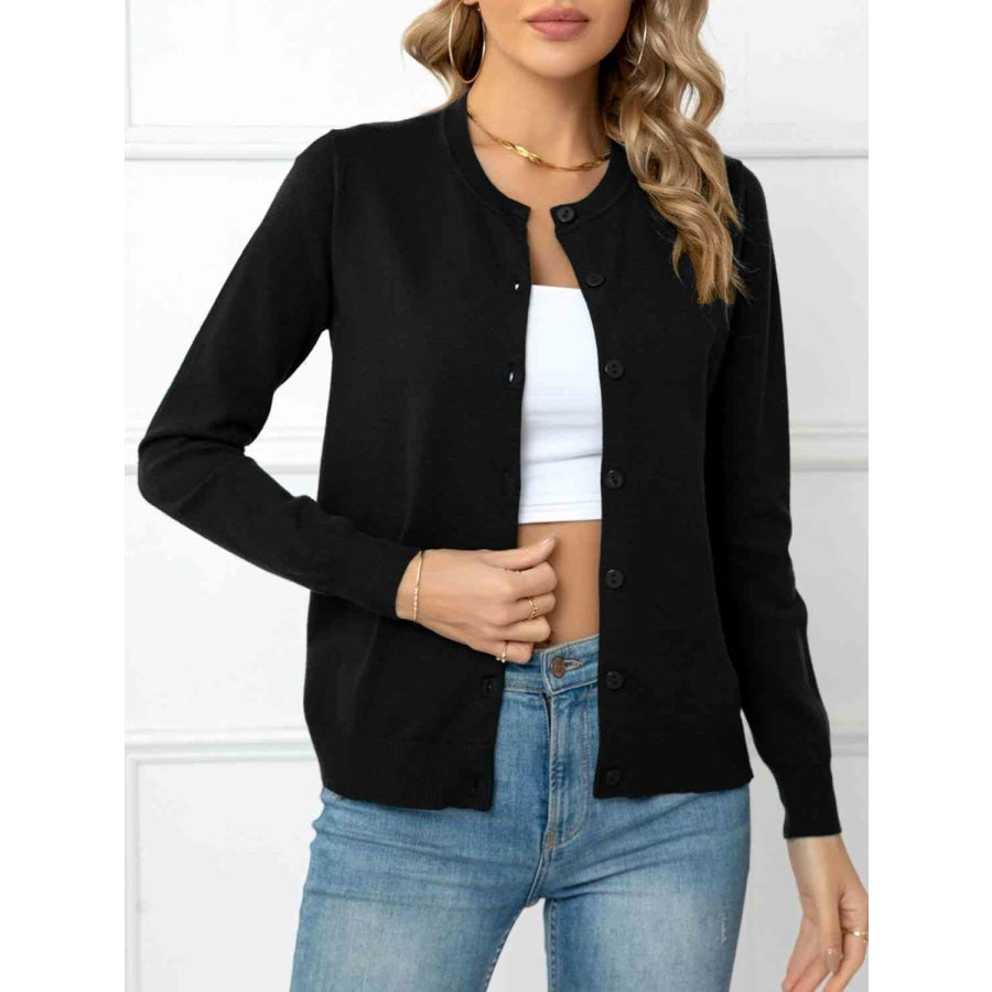 Button Down Round Neck Cardigan Black / S