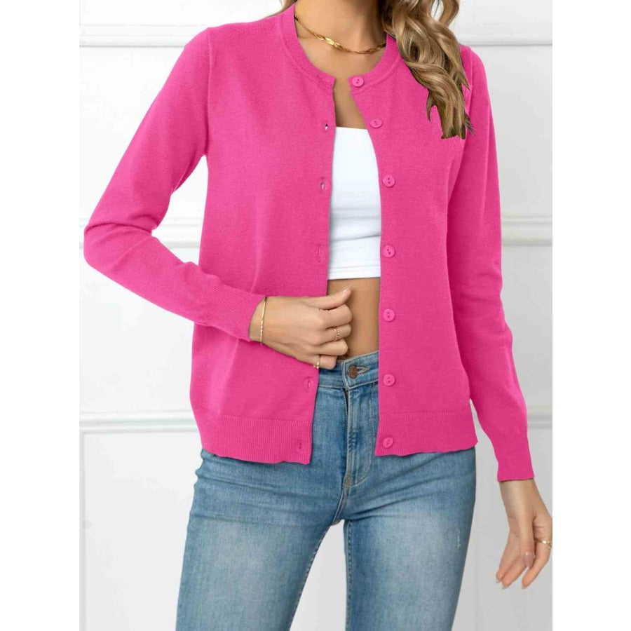 Button Down Round Neck Cardigan Fuchsia Pink / S