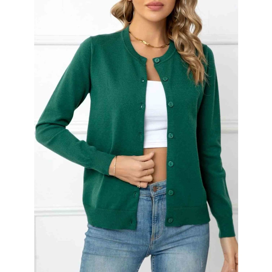 Button Down Round Neck Cardigan Green / S