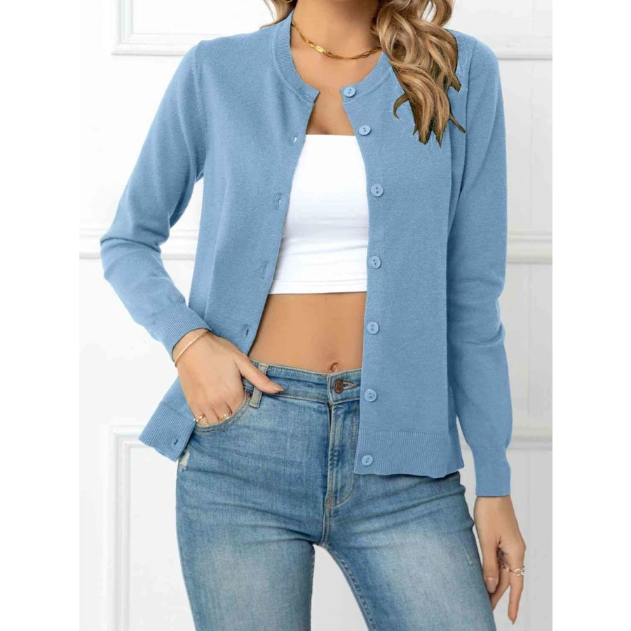 Button Down Round Neck Cardigan Misty Blue / S